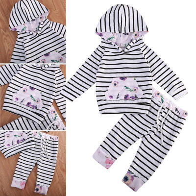 

Infant Baby Boy Girls Striped Floral Hooded Tops Long Pants Outfits Set Clothes