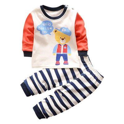 

Cartoon Bear Long Sleeve T-shirt Striped Trousers 2pcs Boys Clothing Suit