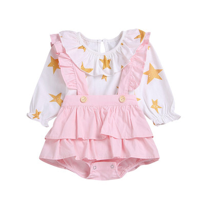 

Summer Girls Round-neck Ruffled Long-sleeved Printed StarsStrap Childrens Dresses Suit 100 Cotton Childrens Clothing