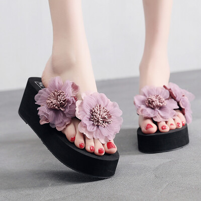 

Rose Women Summer Flowers Wild Beach Slippers Fashion Wedges Thick Bottom Flip Flops