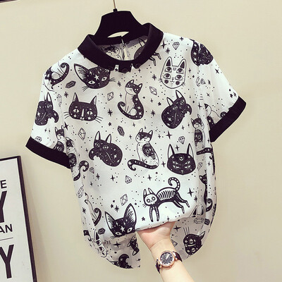 

Women Summer Round Collar Cartoon Cat Print Loose Half Sleeve Casual T-Shirt Simple Wild Tops