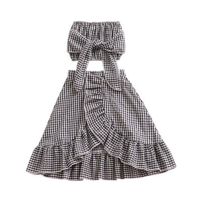 

Childrens Girls Boob Tube Plaid Tops Irregular Skirts Two Pieces Sets Chiffon Children Clothing