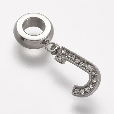 

304 Stainless Steel European Dangle Beads with Rhinestone LetterJ 24mm Hole 45mm 145x75x15mm