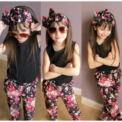 

3pcs Fashion Baby Kids Girls Outfits Headband T-shirt Floral Pants Clothes Set Lovely