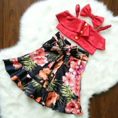 

Toddler Kids Baby Girls Clothes Crop Vest Top Flowers Dress 3Pcs Outfit With Bow