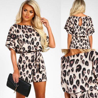 

Starmoon Womens Leopard O-Neck Short Sleeve Wide Leg Pants Strappy Short Jumpsuit