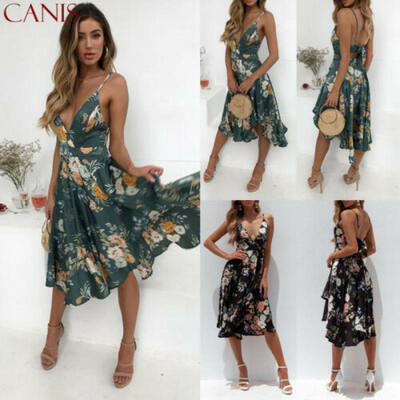 

Womens Boho Floral Chiffon Summer Party Evening Beach Short Mini Dress Sundress