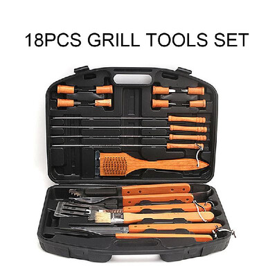 

18pcs BBQ Grill Tools Set Wooden Handle Professional Grill Accessories Spatula Fork Basting Brush Tongs Stainless Steel Grill Barb