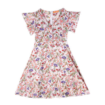

Women Chiffon Vintage Summer Ruffle Sleeve Floral Print V-Neck Beach Dress