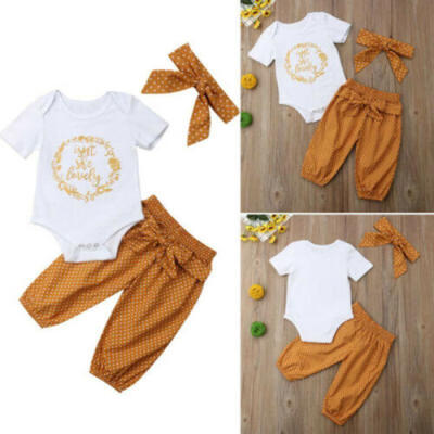 

3Pcs Toddler Newborn Baby Girls White Tops Romper Dot Pants Headband Outfits Set