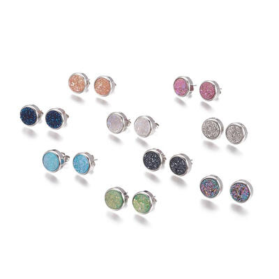 

Electroplate Natural Druzy Quartz Stud Earrings with 304 Stainless Steel Findings Flat Round Mixed Color 16x12x5mm Pin 07mm