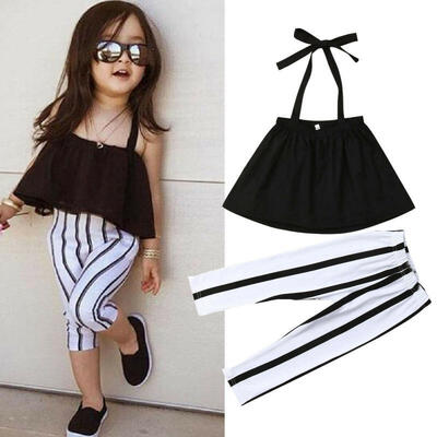 

Toddler Kid Baby Girl Clothes Strap TopsStripe Long Pants Summer Outfits Set