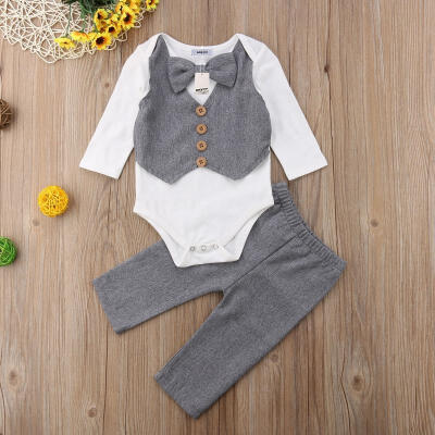 

US Infant Baby Boy Wedding Formal Suit Bow Tie Gentleman Top RomperPants Outfit