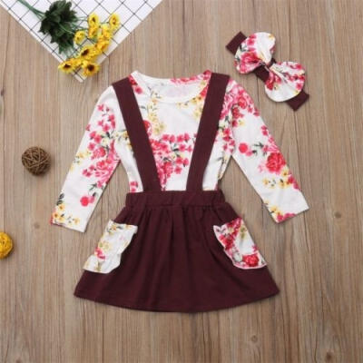 

3PCS Newborn Infant Baby Girl&acutes Outfits Clothes Sets Floral Tops Strap Skirt Dress Headband