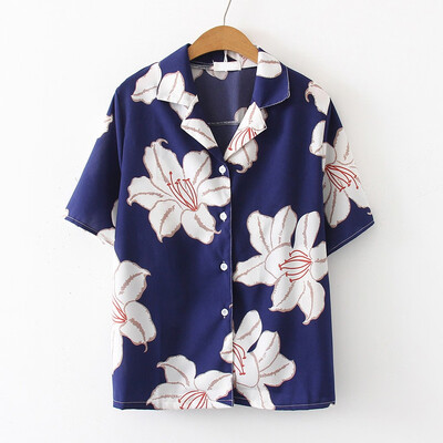 

Starmoon Fashion Women Top Lapel Smock Printing Shirt Short Sleeve V-Neck Loose Blouse