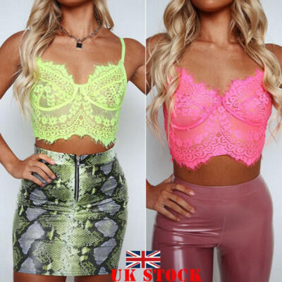 

UK Womens Lace Floral Bustier Crop Top Padded Bra Vest Bralet Camisole Tank Tops