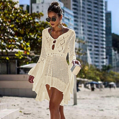 

Sexy Women Bikini Cover Up Fishnet Hollow Out Long Sleeve Knitted Swimsuit Coverups Beach Dress