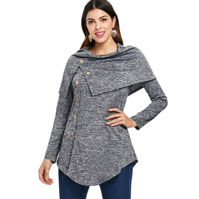 

Long Sleeve Marled Button Capelet T-shirt