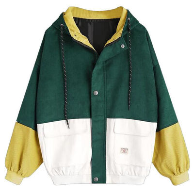 

Women New Simple Warm Long Sleeve Cute Color Matching Plus Velvet Loose Hooded Coat
