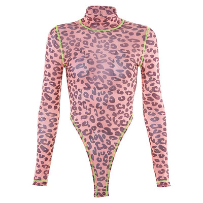 

Sexy Slim Long Sleeve Splicing Design Romper Fashion Trend Leopard Print Womens Top