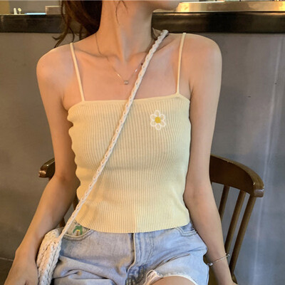

Causal Knitted Floral Embroidery Cami Tops Beach Wear Sexy Vest Sleeveless Basic Camisole