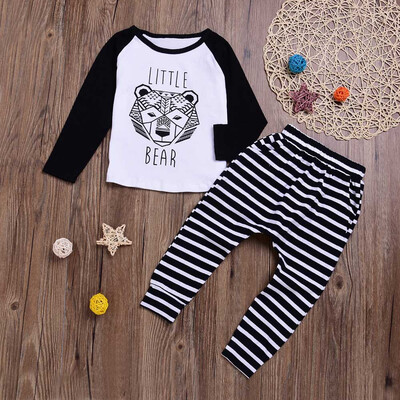 

Newborn Baby Boys Girl Letter Geometry Bear RomperStripe Pants 2pcs Clothes Set