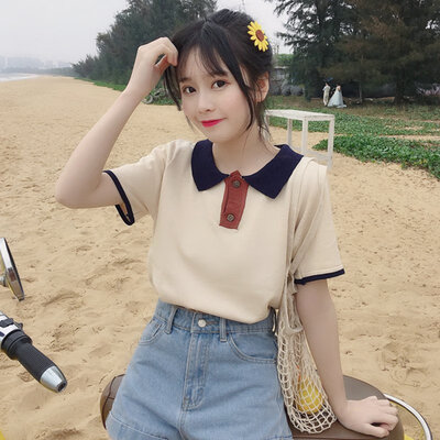 

Womens Turn-down Collar Contrast Color Short Sleeve Knitted Polo Shirt