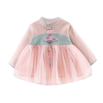 

Children Autumn Girls Cotton Cute Print Mesh Stitching Lace Cheongsam Long Sleeve Sweet Princess Dress