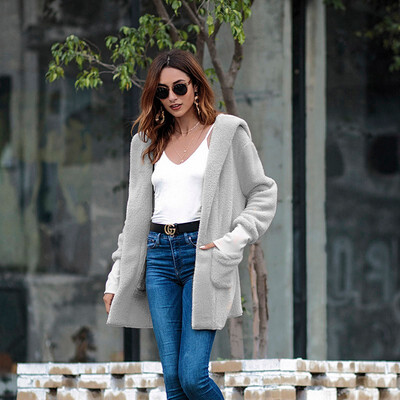 

New Autumn Winter Faux Fur Teddy Bear Coat Women Fashion Open Stitch Hooded Coat Female Long Sleeve Fuzzy Caots