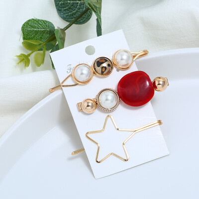 

Pearl Hair Clip Set Pearl Hairpin Three-piece Candy Color Five-pointed Star Hairpin Headdress Accessories