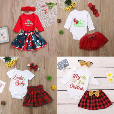 

US 3pcs Baby Girls My First Christmas RomperSkirt Xmas Outfit Dress Gifts Set