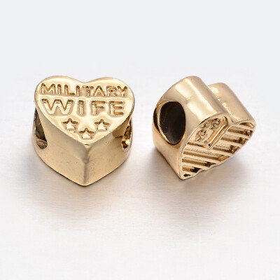 

Unfading Alloy European Beads Large Hole Heart Beads with Words Military Wife Golden 10x11x6mm Hole 4mm