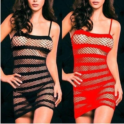 

Sexy New Women&acutes Black Lingerie Fishnet Sleepwear Underwear Fishnet Stripe Hollow Dress red black