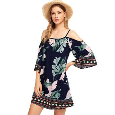 

Women Dress Mid Sleeve Beach Dresses Fashion Sexy Sweet Flowal Loose All-match Strap Sundress