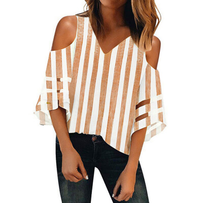 

Starmoon Women Stripe Cold Shoulder V Neck Mesh Panel Blouse 34 Bell Sleeve Top Shirt