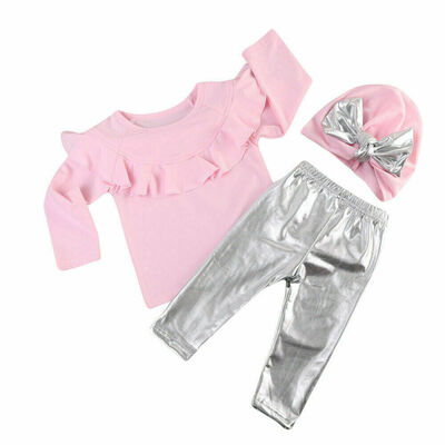 

Infant Kid Baby Girls Cotton Ruffle T-shirtPant Bowknot Hat Princess Outfit