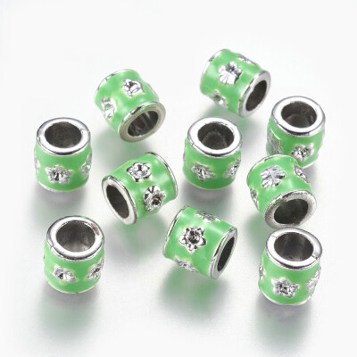 

Alloy European Beads Large Hole Beads with Enamel Column with Flower Silver LightGreen 85x85mm Hole 5mm