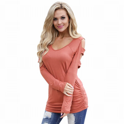 

Solid color V-neck long-sleeved open shoulder blouse casual top