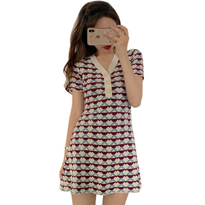 

Women Fashion Elegant Concise Casual Slim Fit V-collar Plaid Printed Short Sleeve Dress
