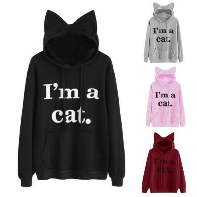 

Fashion Ladies Girls I&acutem a Cat Letter Print Long Sleeve Kangaroo Pockets Hoodie Cute Cat Ear Pullover Sweatshirts