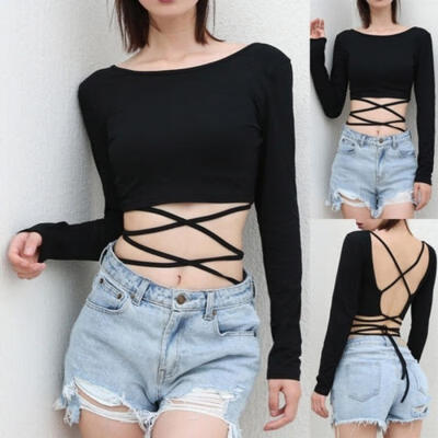 

2019 Fashion Casual Women Bandage Crop Top Long Sleeve Backless Shirt Blouse Strappy T-shirt