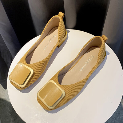 

Net red flat bottom womens shoes 2019 summer breathable soft bottom square buckle bean shoes Joker knit a pedal loafers