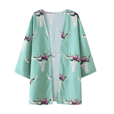 

New Women Chiffon Kimono Cardigan Floral Print Open Front Boho Loose Outerwear Beach Bikini Cover Up Green