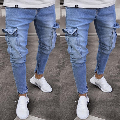 

Mens Stretchy Ripped Jeans Skinny Biker Jeans Destroyed Taped Slim Denim Pant MA