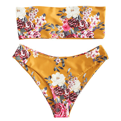

Strapless Backless Padded Floral Print Two-piece Swimsuit Women Bikini Set
