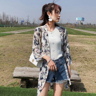 

One Size Womens Blouse Mid-Length Chiffon Print Sun Protection Clothing Seven-Point Sleeve Holiday College Lotus Leaf Cardigan