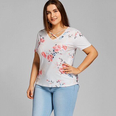 

PREISEI New Summer Women Sweet Print T-Shirt Solid Soft Elastic V-Neck Short Sleeve Plus Size T Shirt Ladies Tops PR0385
