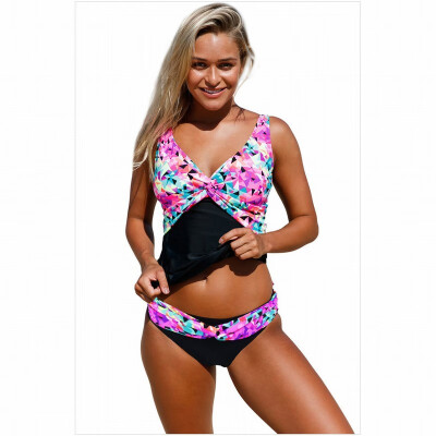 

Sexy V-neck geometric pattern stitching with chest pad triangle split swimsuit