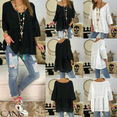 

Women T-Shirt Lace Crochet Flower Tops Ladies Hollow Out Tee Loose Casual Blouse