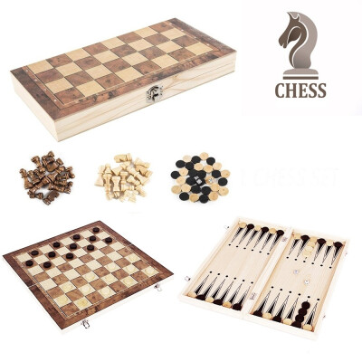 

3in1 Chess Set Wooden Folding Schaken Kit Backgammon Draught For Family Activities